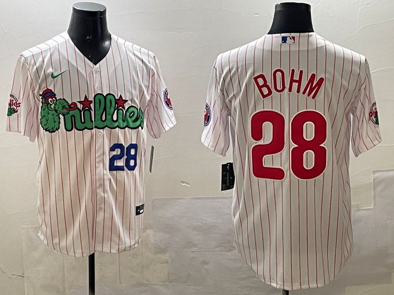 Men Philadelphia Phillies 28 Bohm White Stripe Three generations Joint Name Game 2025 Nike MLB Jersey style 3